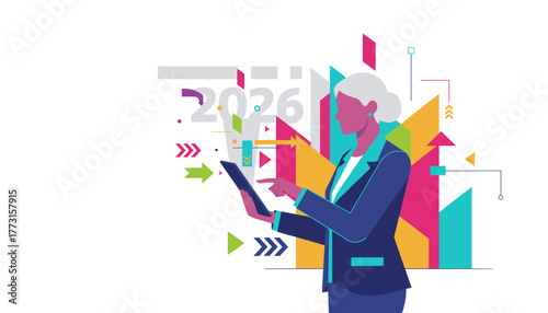 Businesswoman plans 2026 strategy analyzing data charts and future growth prospects on a tablet