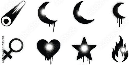 Set of black graffiti spray paint stencil icons and symbols.