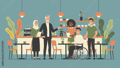 Diverse inclusive cafe team meeting Manager discusses service with employees in a modern coffee shop