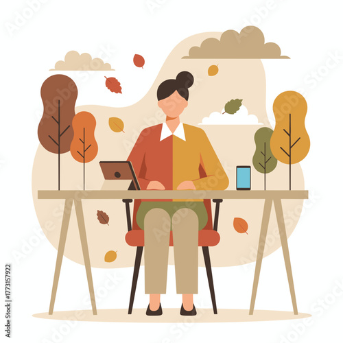 Woman working on a tablet at a desk surrounded by stylized autumn trees and falling leaves