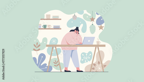Woman working on a laptop from home in cozy pastel interior illustration focusing on remote work