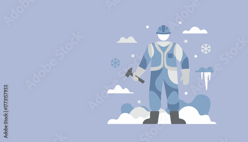 Winter maintenance worker in safety gear holding a hammer Cold weather job vector illustration