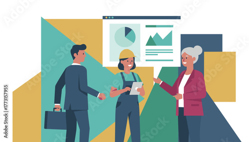 Diverse business team meeting discussing data and industry collaboration