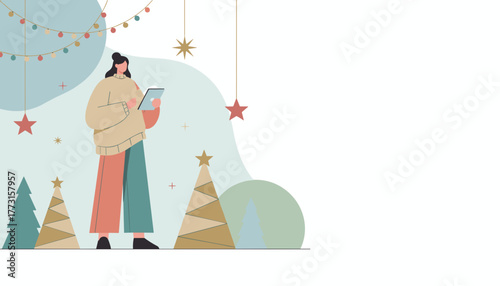 Woman using digital tablet for holiday shopping or communication in a festive winter illustration