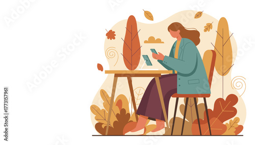 Professional woman using mobile devices at a desk surrounded by abstract autumn nature
