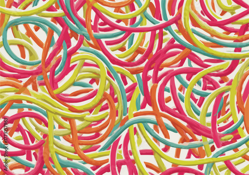 Ilustração vetorial abstrata com um complexo e vibrante emaranhado de linhas coloridas, formando um padrão dinâmico e energético para fundos modernos.