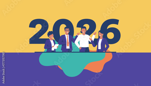Business team celebrates 2026 success planning future goals Corporate vision illustration