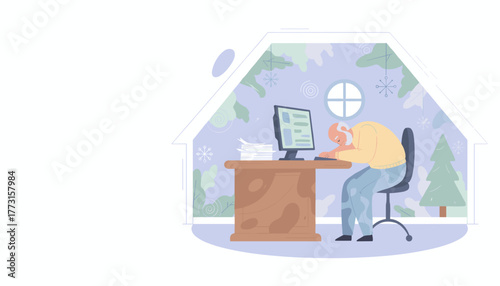 Elderly man suffers burnout sleeping at his computer desk while working from home