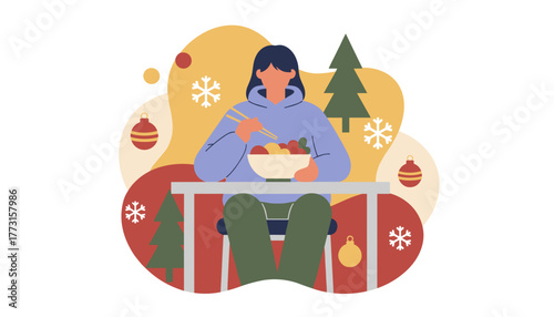 Person eating a meal with chopsticks surrounded by abstract Christmas and winter elements