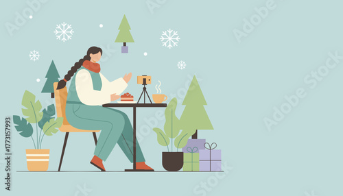 Winter vlogging woman records holiday content with gifts and coffee