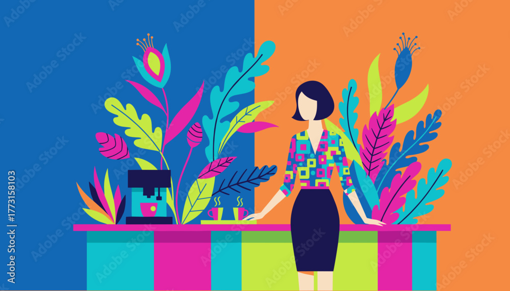 custom made wallpaper toronto digitalVibrant illustration of a woman enjoying a coffee break in a modern colorful business jungle