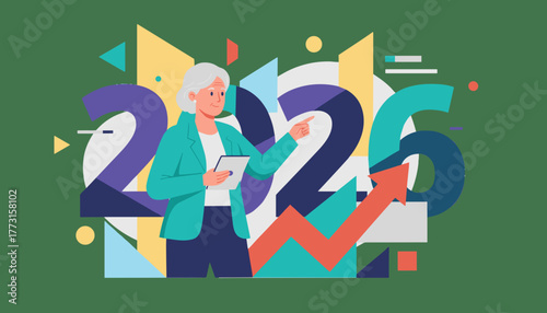 Senior executive points to upward growth forecast for 2026 using a tablet illustration