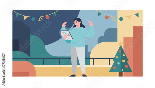 Celebrating woman uses a tablet for festive online shopping or apps