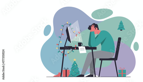 Man stressed at work desk during Christmas holidays Deadline pressure or burnout concept