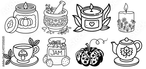 Cozy autumn home decor set — pumpkin jar, herbal tea, candles, jam, teapot and fall harvest elements