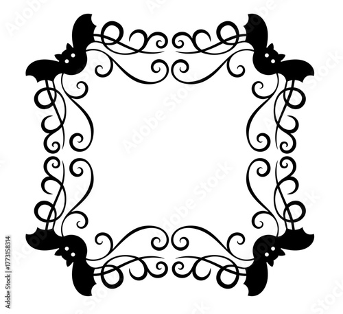Halloween square frame made with bats and ornate curly lines in decorative style
