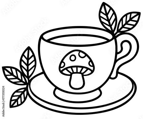 Tea cup with mushroom pattern and leaves — autumn herbal tea