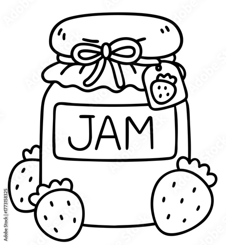 Strawberry jam jar with berries and bow — cozy autumn homemade preserve