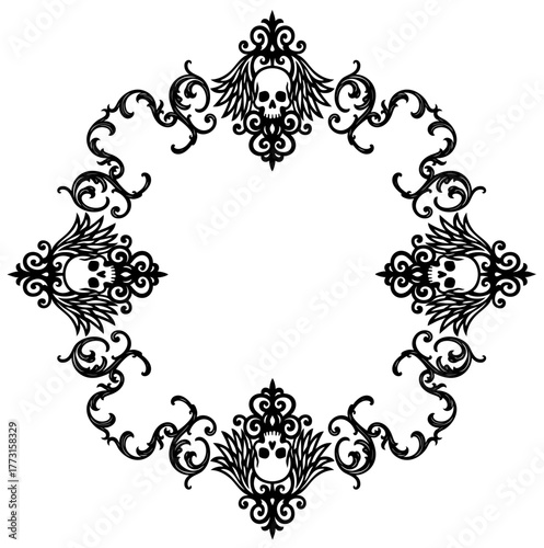 Halloween square frame made with skulls and baroque swirls forming a circular gothic pattern