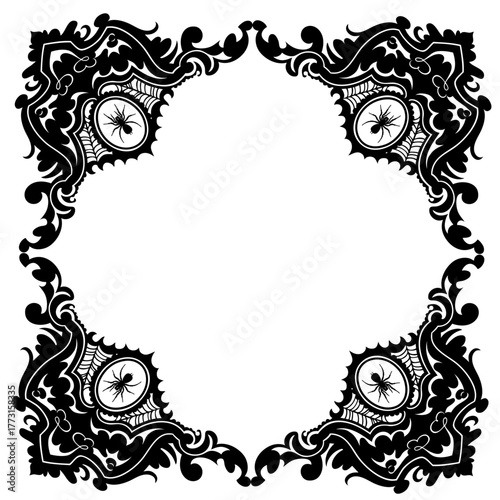 Halloween square frame made of spider webs and ornate gothic corners with spiders