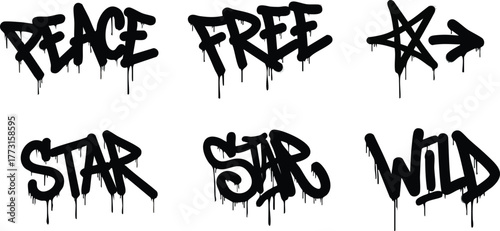 Graffiti Style Text Elements Peace Free Star Wild.