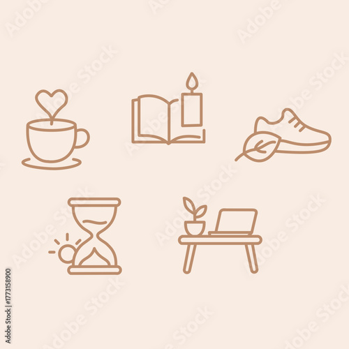 Minimalist line icons in warm tones showing slow life — coffee, book, walk, hourglass, and desk with plant. Calm, cozy, and simple lifestyle design.