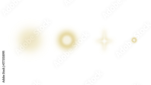A set of four golden light effects, including a soft orb, a halo, a starburst sparkle, and a small ring, isolated on a white background.