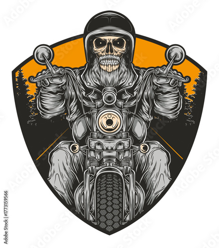 Biker Skull: A detailed illustration of a skeletal biker, riding a motorcycle, exuding a sense of freedom, strength, and rebellious spirit.