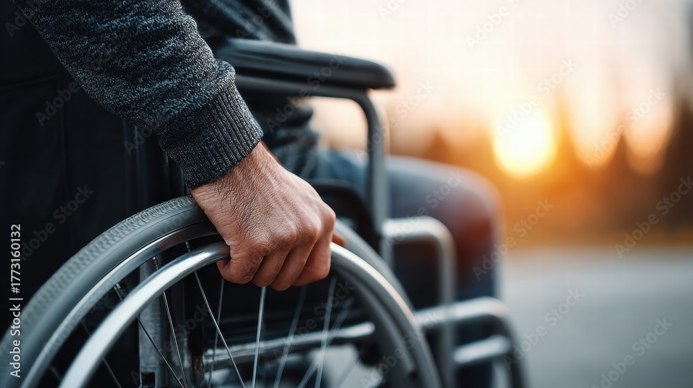 Obraz premium Man in a wheelchair enjoying the outdoors at sunset