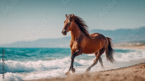 A majestic brown horse gallops freely along a sandy beach with ocean waves.