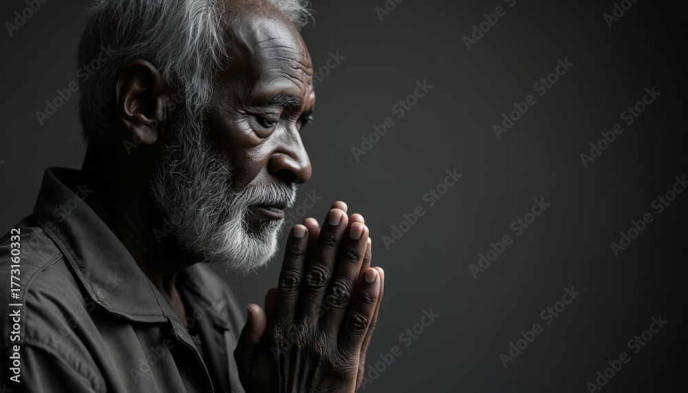 Fototapeta premium Elderly African man with grey beard prays with hands together. He has closed eyes and looks calm, deep in thought. Spiritual moment, hope, or devotion.