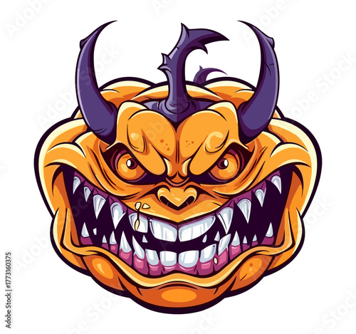 Spooky Halloween Pumpkin Illustration: A menacing, devilish pumpkin with sharp teeth, menacing horns, and an intense gaze, perfect for capturing the spirit of All Hallows' Eve. 