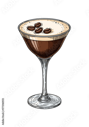 Espresso Martini cocktail with coffee beans vector illustration on transparent background for bar menu and beverage branding design