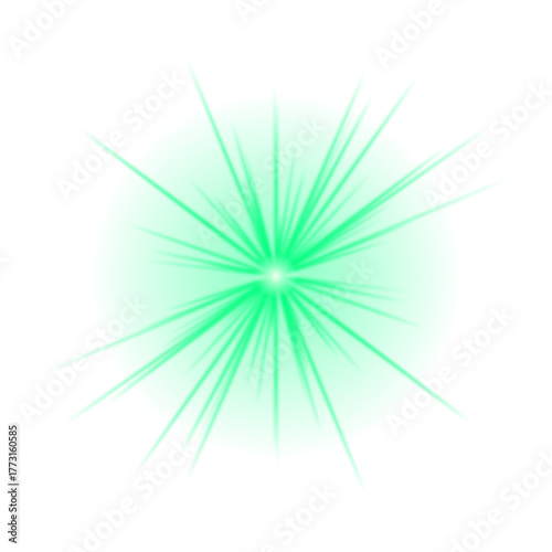 Bright green starburst effect with glowing light rays emanating from a central point on a deep transparent background.