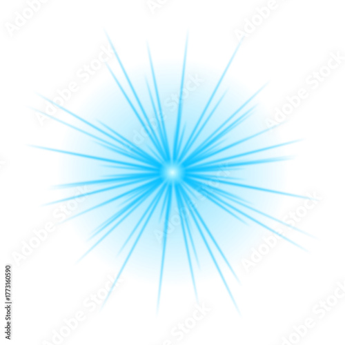 Bright blue light burst with radiating rays on a transparent background, creating an abstract and energetic visual effect