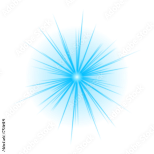 Abstract glowing blue starburst effect with radiant light beams; vibrant energy explosion on a dark transparent background, dynamic lens flare illustration