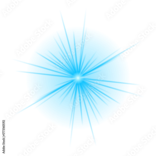 Abstract blue light flare with radiating rays creating a dynamic starburst effect on a deep transparent background.