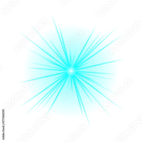 Vibrant Teal Glowing Starburst Light Effect with Sharp Radiating Rays on a Dark Black Background, Abstract Digital Graphic Design Element