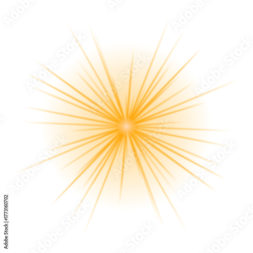 Bright orange starburst light effect with radiating rays on a transparent background, creating an abstract glow and lens flare.
