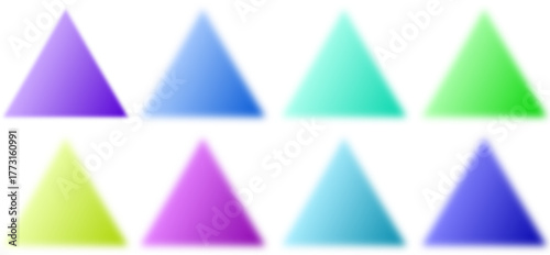 A collection of eight colorful, blurred gradient triangles arranged in two rows on a white background.