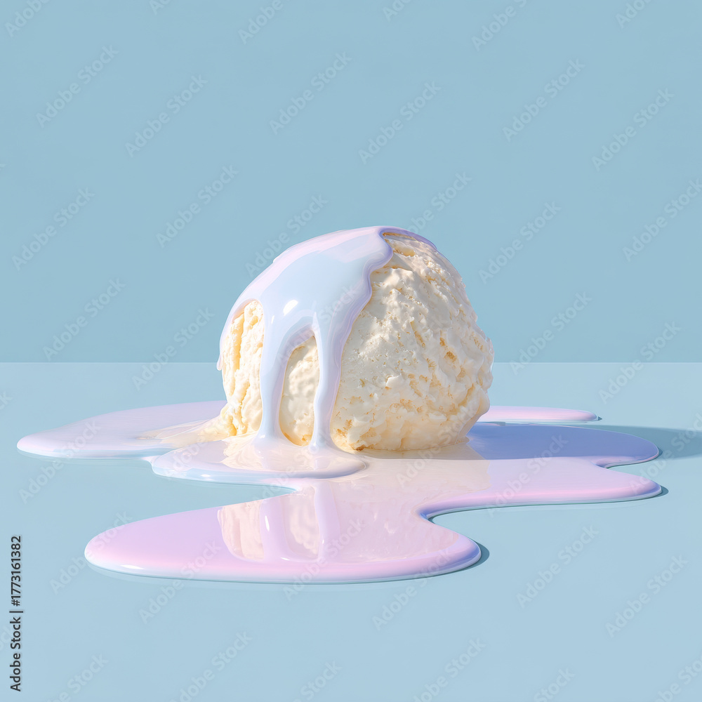 Fototapeta premium Single scoop of ice cream melting on smooth surface, creating colorful puddle of creamy texture. scene evokes sense of warmth and indulgence