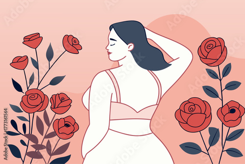 Minimalist Generative AI Illustration: Woman Embracing Natural Beauty with Roses