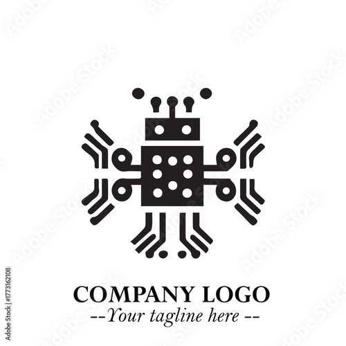 Circuit Robot Logo Symbol in Black on the White Background with Futuristic Tech Design
