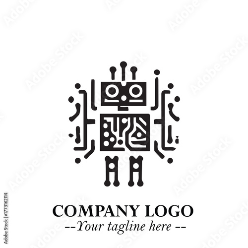 Circuit Robot Logo Symbol in Black on the White Background with Futuristic Tech Design
