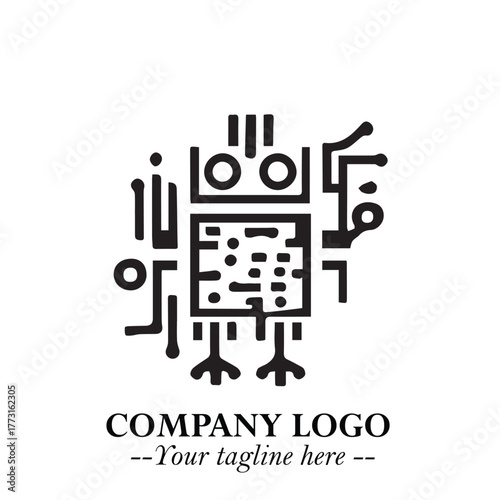 Circuit Robot Logo Symbol in Black on the White Background with Futuristic Tech Design
