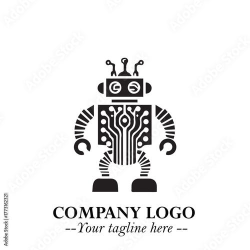 Circuit Robot Logo Symbol in Black on the White Background with Futuristic Tech Design
