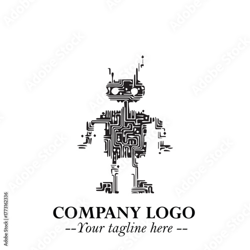 Circuit Robot Logo Symbol in Black on the White Background with Futuristic Tech Design
