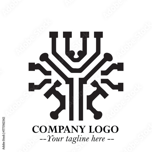 Circuit Robot Logo Symbol in Black on the White Background with Futuristic Tech Design
