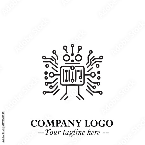 Circuit Robot Logo Symbol in Black on the White Background with Futuristic Tech Design
