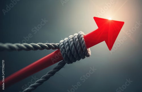 Red arrow pushes forward, tightly bound by grey ropes. Signifies growth against resistance, upward struggle. Challenge overcome, showing success, power, determination. Bright future awaits for